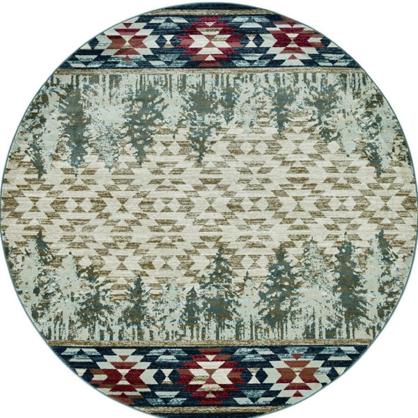 HomeRoots 8' Southwestern Area Rug in Earthy Ivory, Green, and Red - Durable, Easy-Care, Timeless Design 8' Round 352683