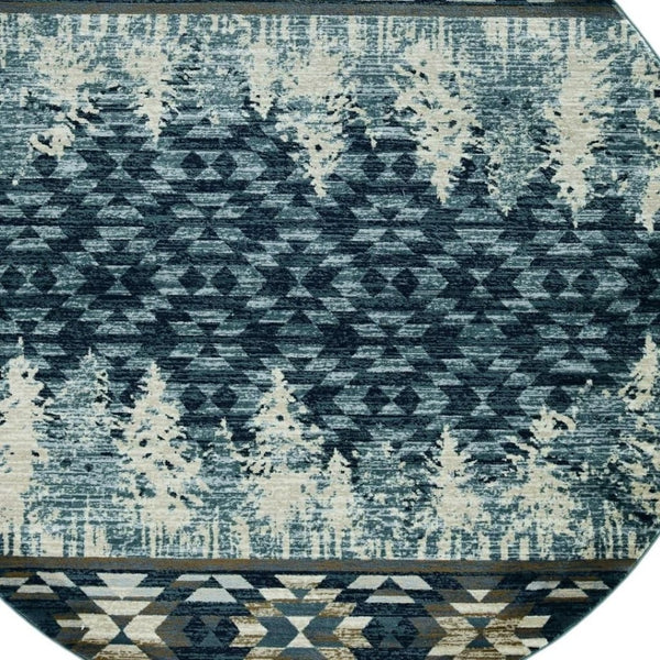 HomeRoots 8' Slate Blue and Ivory Southwestern Rug - Durable, Stylish Design for Living Spaces and More 8' Round 352684
