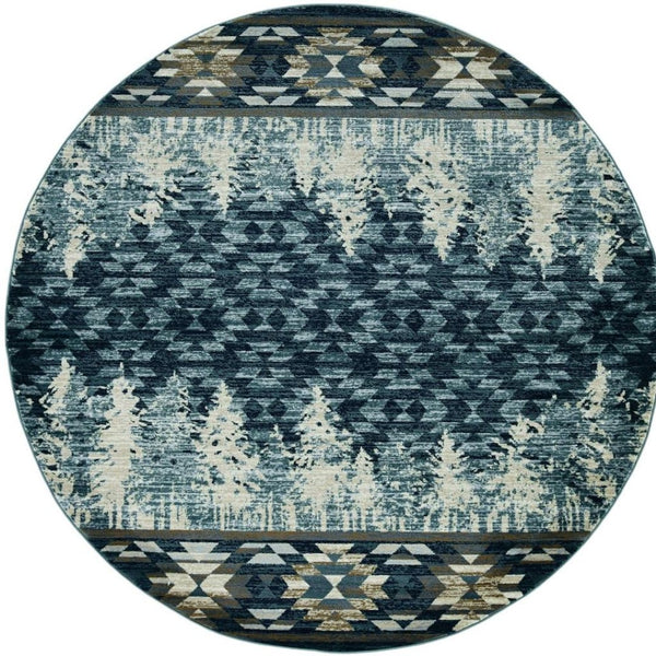 HomeRoots 8' Slate Blue and Ivory Southwestern Rug - Durable, Stylish Design for Living Spaces and More 8' Round 352684