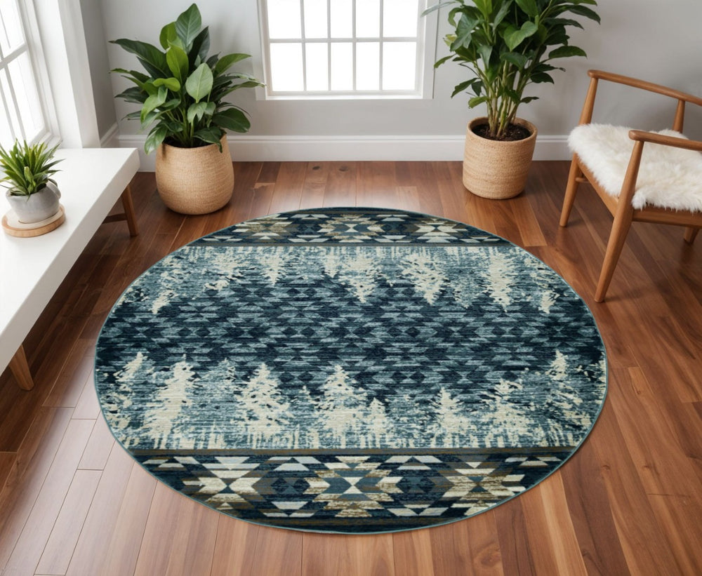 HomeRoots 8' Slate Blue and Ivory Southwestern Rug - Durable, Stylish Design for Living Spaces and More 8' Round 352684