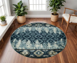 HomeRoots 8' Slate Blue and Ivory Southwestern Rug - Durable, Stylish Design for Living Spaces and More 8' Round 352684