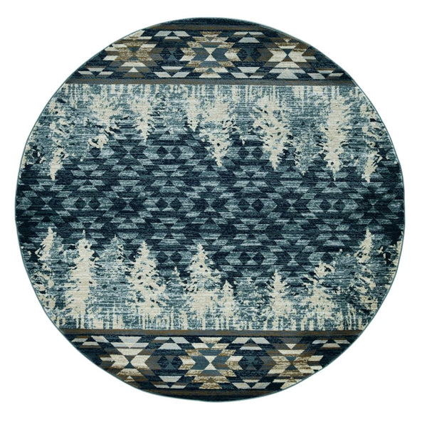 HomeRoots 8' Slate Blue and Ivory Southwestern Rug - Durable, Stylish Design for Living Spaces and More 8' Round 352684