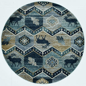 HomeRoots 8' Charming Blue and Green Woodland Lodge Round Rug for Cozy Rustic Living Spaces and Decor 8' Round 352685
