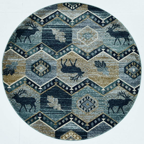 HomeRoots 8' Charming Blue and Green Woodland Lodge Round Rug for Cozy Rustic Living Spaces and Decor 8' Round 352685