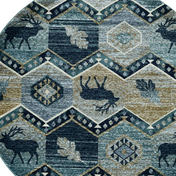 HomeRoots 8' Charming Blue and Green Woodland Lodge Round Rug for Cozy Rustic Living Spaces and Decor 8' Round 352685