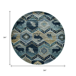 HomeRoots 8' Charming Blue and Green Woodland Lodge Round Rug for Cozy Rustic Living Spaces and Decor 8' Round 352685
