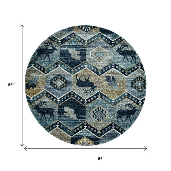 HomeRoots 8' Charming Blue and Green Woodland Lodge Round Rug for Cozy Rustic Living Spaces and Decor 8' Round 352685