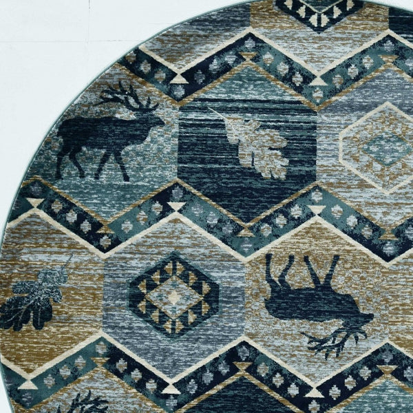 HomeRoots 8' Charming Blue and Green Woodland Lodge Round Rug for Cozy Rustic Living Spaces and Decor 8' Round 352685