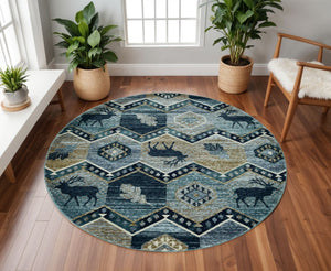 HomeRoots 8' Charming Blue and Green Woodland Lodge Round Rug for Cozy Rustic Living Spaces and Decor 8' Round 352685