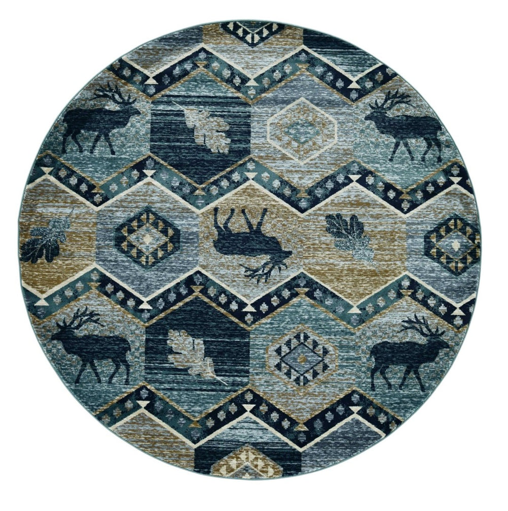 HomeRoots 8' Charming Blue and Green Woodland Lodge Round Rug for Cozy Rustic Living Spaces and Decor 8' Round 352685