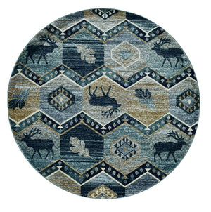 HomeRoots 8' Charming Blue and Green Woodland Lodge Round Rug for Cozy Rustic Living Spaces and Decor 8' Round 352685
