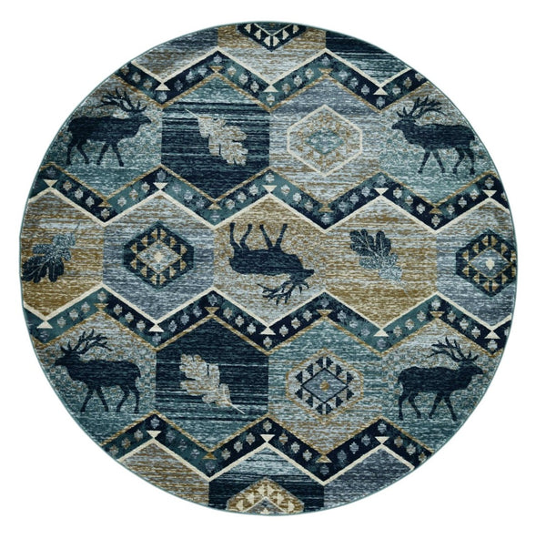 HomeRoots 8' Charming Blue and Green Woodland Lodge Round Rug for Cozy Rustic Living Spaces and Decor 8' Round 352685