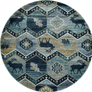 HomeRoots 8' Charming Blue and Green Woodland Lodge Round Rug for Cozy Rustic Living Spaces and Decor 8' Round 352685