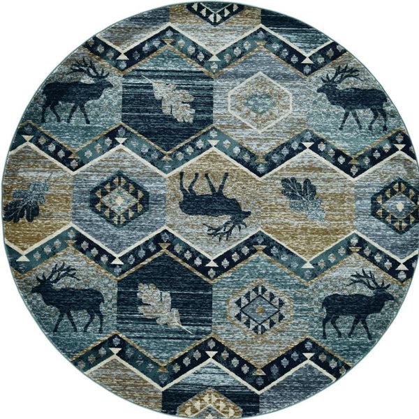 HomeRoots 8' Charming Blue and Green Woodland Lodge Round Rug for Cozy Rustic Living Spaces and Decor 8' Round 352685