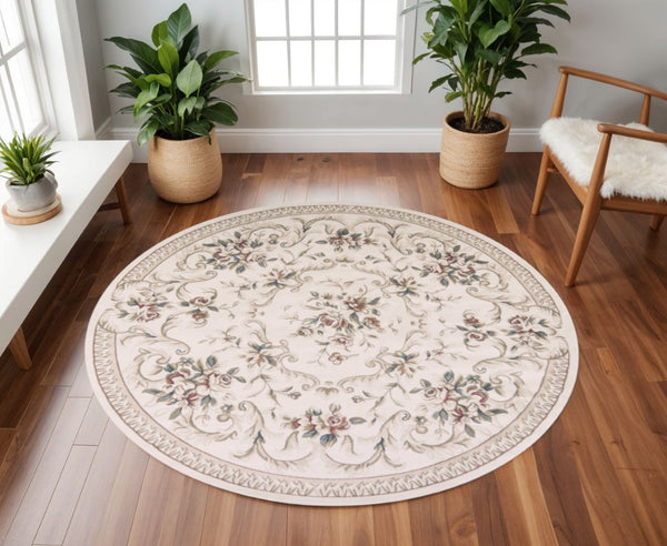HomeRoots 8' Traditional Floral Medallion Area Rug in Ivory, Red & Green - Elegant, Durable Design for Any Room 8' Round 352686