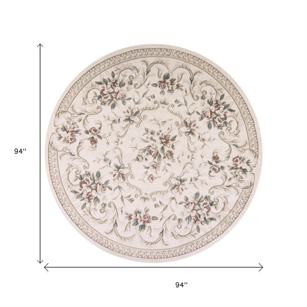 HomeRoots 8' Traditional Floral Medallion Area Rug in Ivory, Red & Green - Elegant, Durable Design for Any Room 8' Round 352686