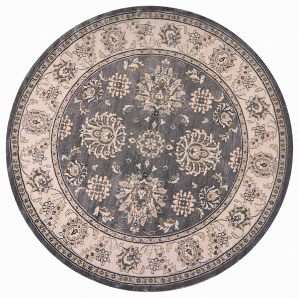 Homeroots 8' Gray And Ivory Round Floral Area Rug  Polypropylene 352687