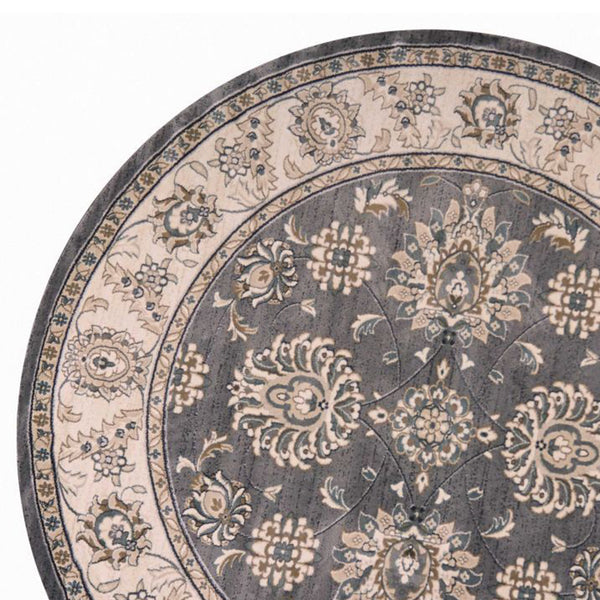 Homeroots 8' Gray And Ivory Round Floral Area Rug  Polypropylene 352687