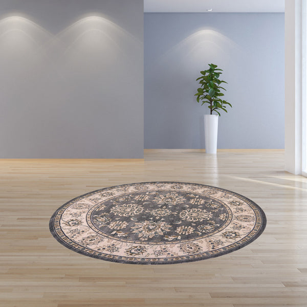 Homeroots 8' Gray And Ivory Round Floral Area Rug  Polypropylene 352687
