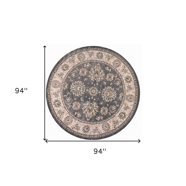 Homeroots 8' Gray And Ivory Round Floral Area Rug  Polypropylene 352687