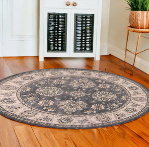 Homeroots 8' Gray And Ivory Round Floral Area Rug  Polypropylene 352687