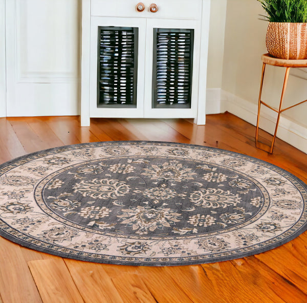 Homeroots 8' Gray And Ivory Round Floral Area Rug  Polypropylene 352687