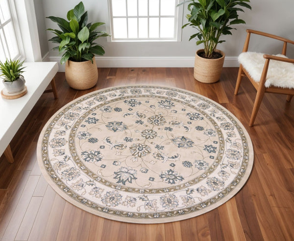 HomeRoots 9' Elegant Beige and Ivory Floral Medallion Area Rug – Timeless Design for Classic Living Spaces 8' Round 352688
