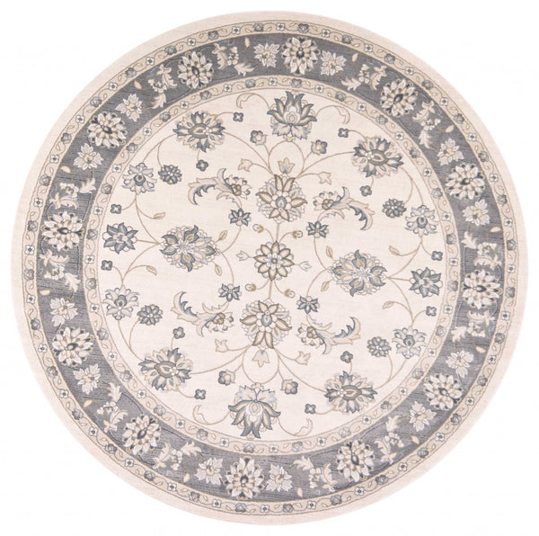 Homeroots 8' Ivory Grey Floral Round Indoor Area Rug  Polypropylene 352689