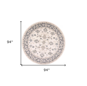 Homeroots 8' Ivory Grey Floral Round Indoor Area Rug  Polypropylene 352689