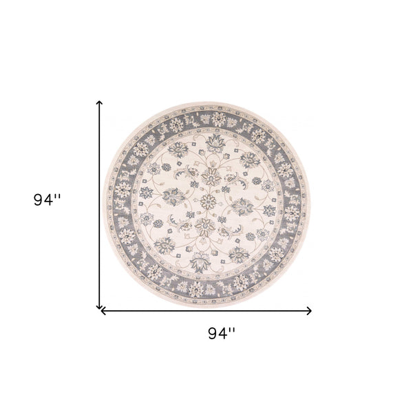 Homeroots 8' Ivory Grey Floral Round Indoor Area Rug  Polypropylene 352689
