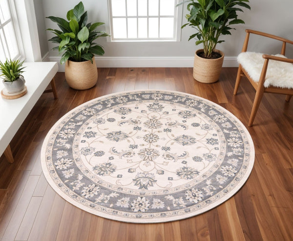 HomeRoots 8' Ivory and Gray Floral Medallion Rug - Elegant, Stain-Resistant Design for Timeless Home Style 8' Round 352689