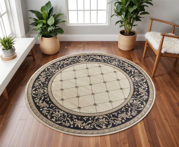 HomeRoots 8' Ivory and Gray Floral Area Rug - Durable, Stain-Resistant Design for Timeless Style and Comfort 8' Round 352691