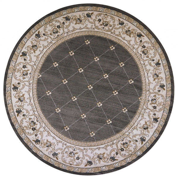 HomeRoots 8' Gray and Ivory Floral Round Rug - Elegant Traditional Design for High-Traffic Living Spaces 8' Round 352692