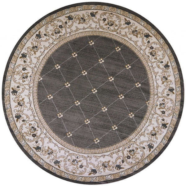 HomeRoots 8' Gray and Ivory Floral Round Rug - Elegant Traditional Design for High-Traffic Living Spaces 8' Round 352692
