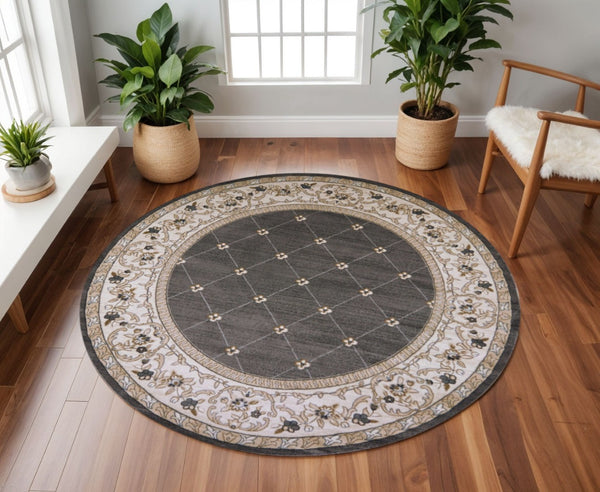 HomeRoots 8' Gray and Ivory Floral Round Rug - Elegant Traditional Design for High-Traffic Living Spaces 8' Round 352692