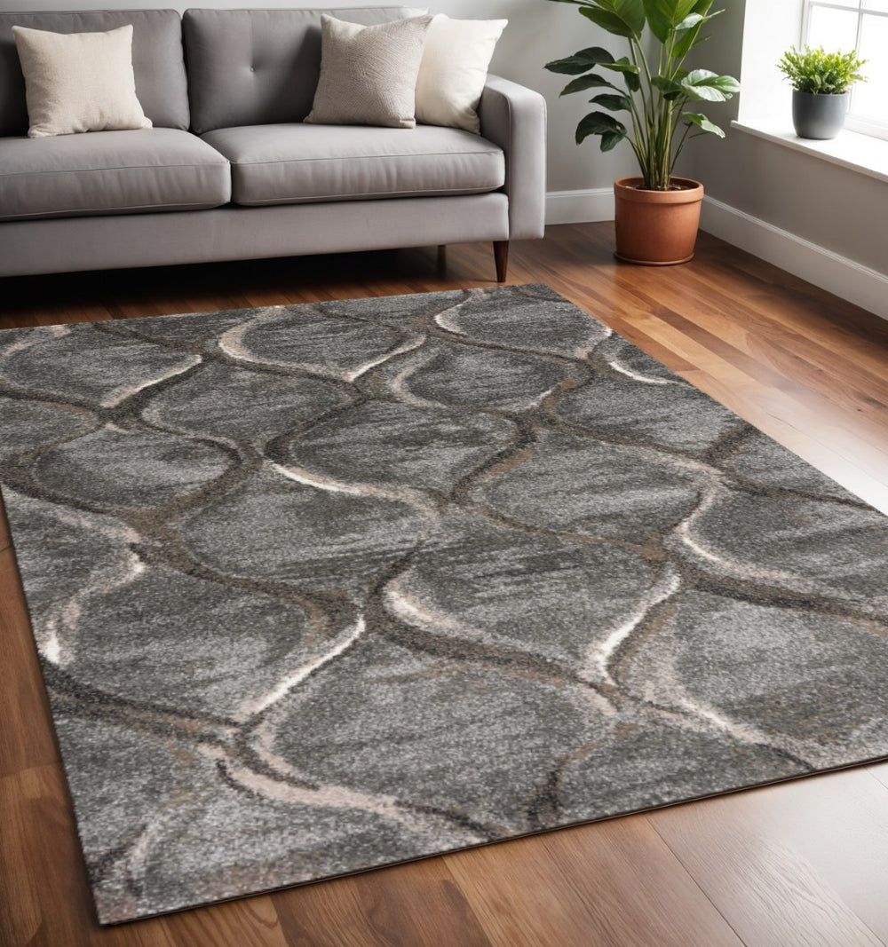 HomeRoots 5' Charcoal and Light Gray Ogee Area Rug - Modern Durable Design for High-Traffic Spaces and Style 5' X 8' 352697