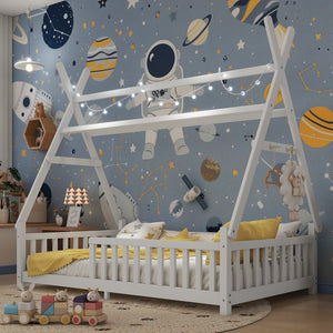 English Elm Twin House Bed with Roof and Guardrails, Low Floor Kids Playhouse Bed with Tent and Lights, Cozy Design White 80.91 L x 15.55 W x 6.5 H W2593P296909