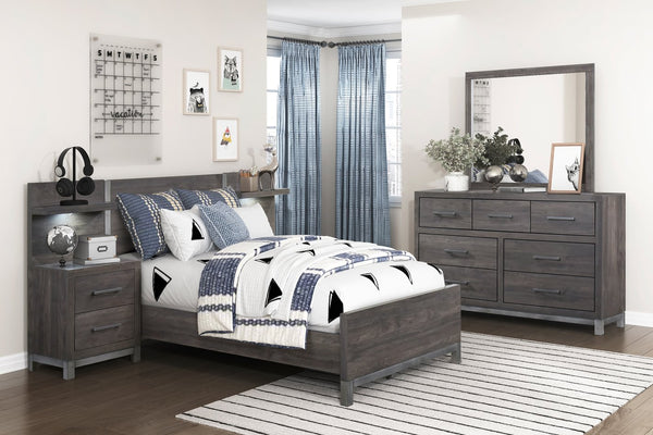 English Elm Modern Zephyr Queen Bed Low-Profile Panel Bed Dark Gray Faux Wood with Metal-Finish Accents, Sleek Brown Mix 45.5 L x 25.25 W x 5.75 H B011S01490