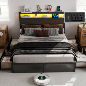 English Elm Queen Metal Platform Bed Rgb Led Headboard Charging Ports Under Storage 800lb T3963P491434