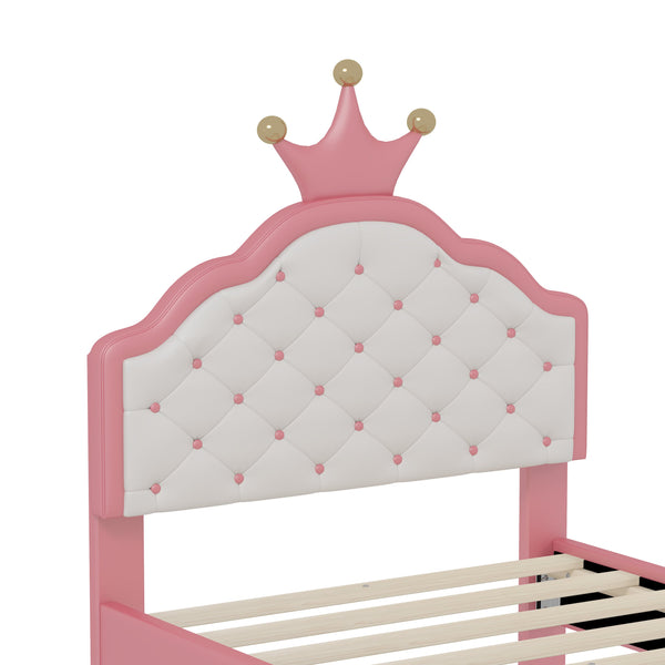 English Elm Twin Lovely Crown Fantasy PU Leather Princess Bed with Tufted Headboard, Soft Upholstery, Sturdy Design Pink 42 L x 22.5 W x 7.5 H N733P198760H