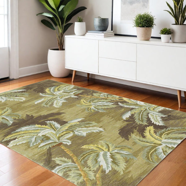 HomeRoots 5' Tropical Botanical Wool Area Rug in Moss Green and Yellow - Hand-Tufted Elegance for Your Home 4' X 6' 352730