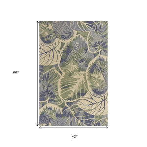 HomeRoots 5' Tropical Botanical Wool Area Rug in Blue Green Beige – Hand-Tufted, Stylish Comfort for Your Home 3' X 5' 352731