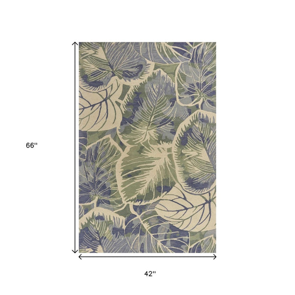 HomeRoots 5' Tropical Botanical Wool Area Rug in Blue Green Beige – Hand-Tufted, Stylish Comfort for Your Home 3' X 5' 352731