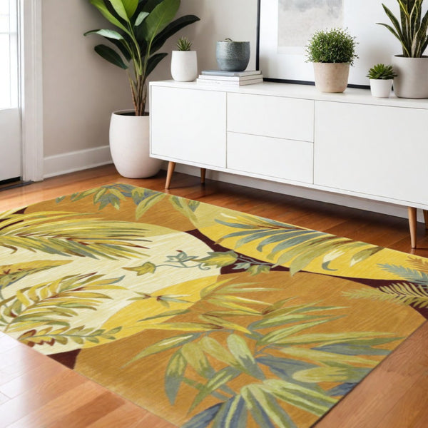 HomeRoots 5' Coral Green and Ivory Hand-Tufted Wool Area Rug with Tropical Botanical Design for Elegant Spaces 4' X 6' 352732