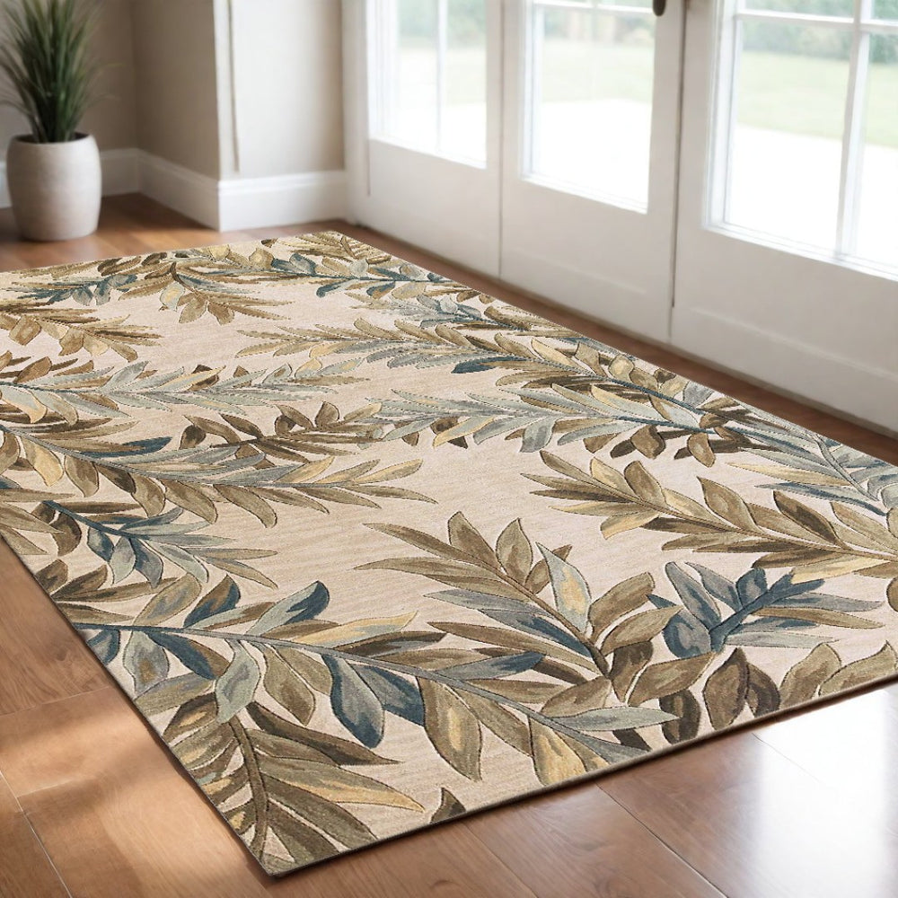 HomeRoots 5' Hand-Tufted Wool Area Rug with Botanical Leaves in Ivory, Brown, and Blue – Artisan Crafted Elegance 3' X 5' 352733
