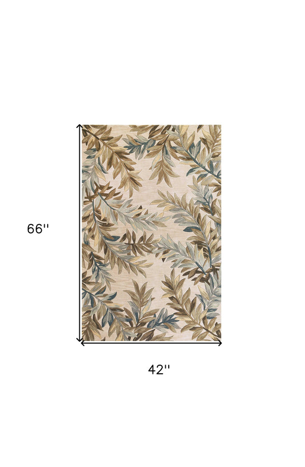 Homeroots 3' X 5' Ivory Tropical Leaves Wool Indoor Area Rug  Wool 352733