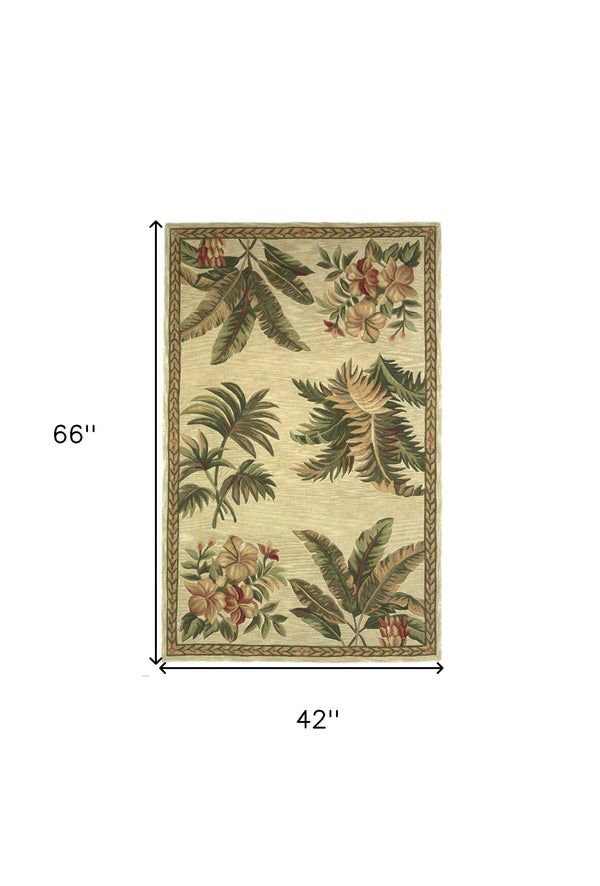Homeroots 4' X 6' Ivory And Green Tropical Botanical Hand Tufted Area Rug  Genuine Wool 352734