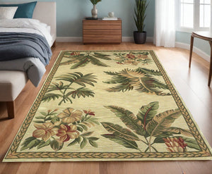 Homeroots 4' X 6' Ivory And Green Tropical Botanical Hand Tufted Area Rug  Genuine Wool 352734