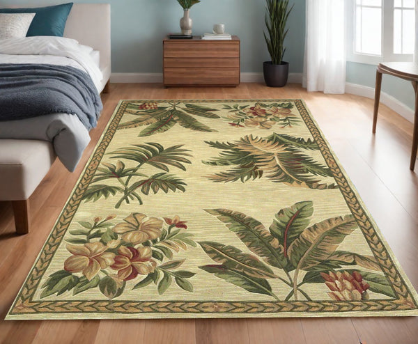 Homeroots 4' X 6' Ivory And Green Tropical Botanical Hand Tufted Area Rug  Genuine Wool 352734