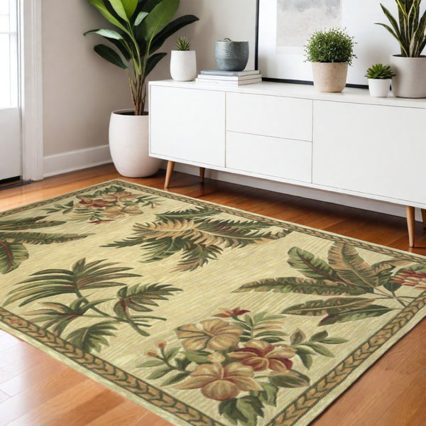 HomeRoots 5' Tropical Botanical Wool Area Rug - Hand-Tufted Ivory, Green & Brown - Elegant Home Accent 4' X 6' 352734